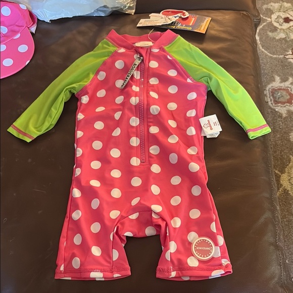 Charming Pink and Green Polka Dot Kids Swim One Piece - Picture 3 of 6